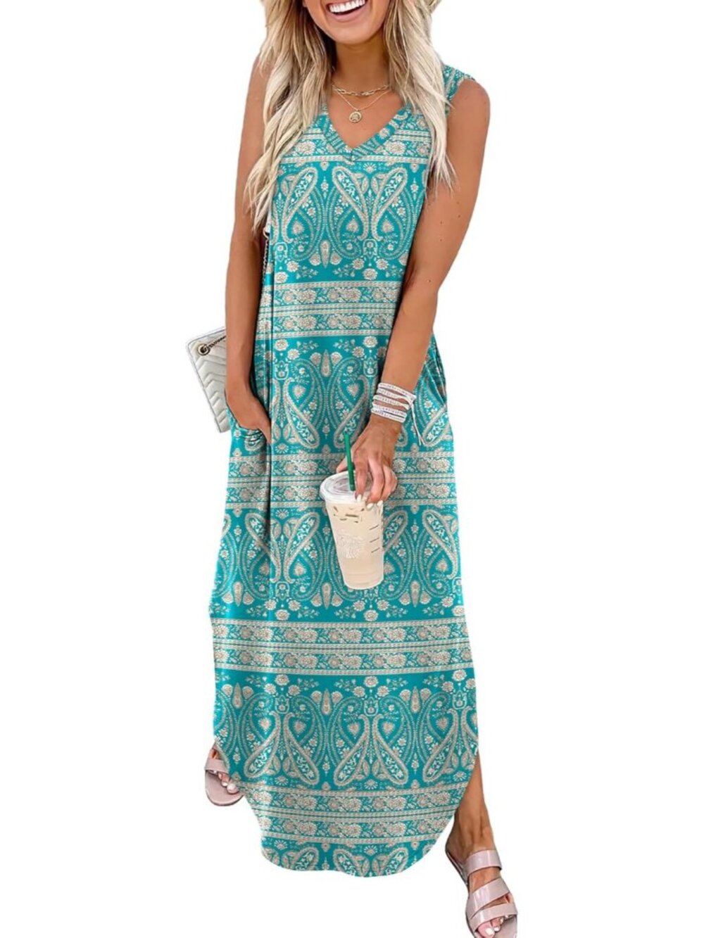 Women's Floral Blue Summer Maxi Dress Beach Vacation Sundress with Pockets